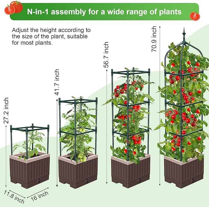 Raised Garden Bed Planter Boxes with Trellis,1pcs 70.9" Self-Watering Tomato Planter Boxes with Trellis for Climbing Vegetables Plants Flowers Tomato,Use for Indoor Outdoor (Brown)