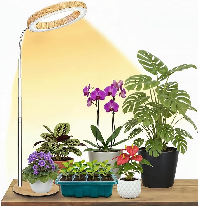 Grow Light for Indoor Plants Full Spectrum, Desk LED Plant Light with Faux Wood Grain, 12"-43" Height Adjustable, Auto On/Off Timer 3/9/12H, 3 Modes 10 Dimmable Levels for Succulents, Herbs