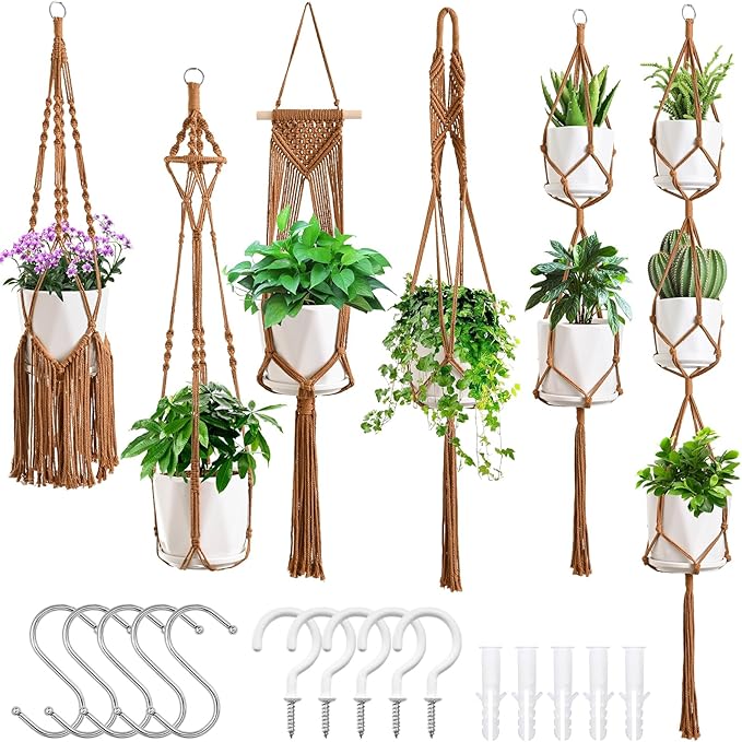 SFENNGPET Macrame Plant Hangers, 6Pack Hanging Planters for Indoor Plants w/ 6 Set Hangers Kit Handmade Macromay Plant Hangers Indoor Flower Pots Holder Stand for Boho Home Décor (POTS NOT Included)