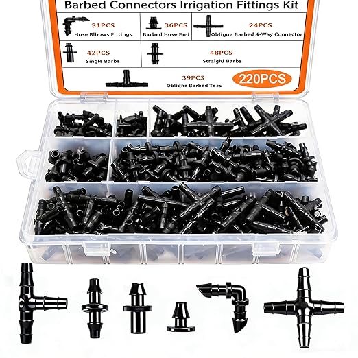 Dianrui 220 PCS Drip Irrigation Kit, Drip Irrigation Parts 1/4'' Tubing Fittings Kit for Garden Lawn Flower Sprinkler Systems-End Plug/ 4-Way Connector/Single barbs/Straight Barbs/Oblique Barbed Tees