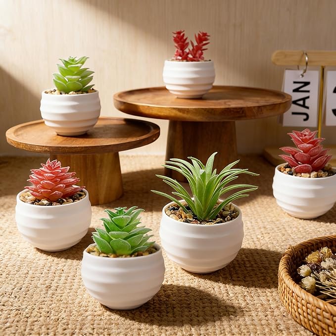 6-Pack Mini Artificial Succulents in Ceramic Pots,Small Fake Plants for Desk, Bathroom, Aesthetic Living Room & Home Office Decor,Office Desk Accessories