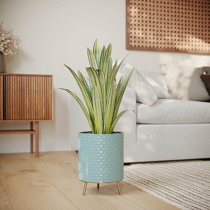 EverNest Mid-Century Modern Rhys Honeycomb Embossed Planter Pot with Nyra Gold Stand, Metal Indoor Plant Pots, Blue Green Bohemian Style (Medium 2 Gallon)