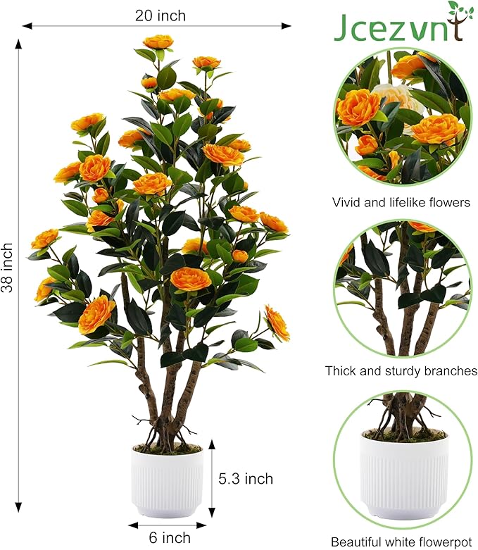 2 Pack Artificial Camellia Tree with White Pot, 38" Faux Potted Plants for Indoor Outdoor Decor, Tall Silk Greenery Plant for Home Offce Living Room Balcony,White, Orange