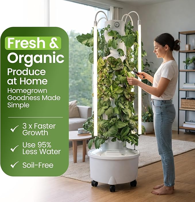 HX Aeroponic Tower | High Capacity Tower | Hydroponics Growing System Kit | Food Grade with 40 Net Pots (with LED Grow Lights)