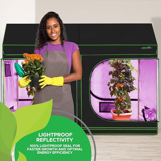 SereneLife Extra Large Hydroponic Growing System 8ft x 4ft x 6.67ft Indoor with Reflective Mylar,Observation Window,Removable Floor Tray,Pole Shelf for Plant Garden in a Grow Tent