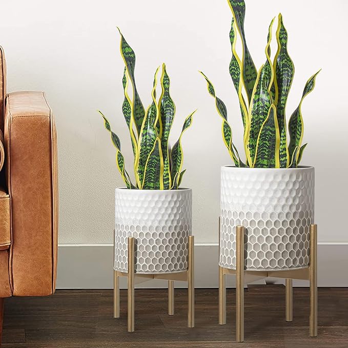 Oakrain Planters for Indoor Plants, Set of 2 Modern Planter with Stand, Decorative Metal Planter Pots for Living Room, Office, Garden, Balcony, 10"&12", White-Grey Gradient
