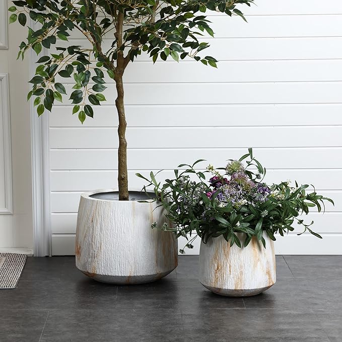 LuxenHome Planters for Indoor Plants, Set of 2 Outdoor Plant Pots with Drainage Hole, Flower Pots for Plants, Rustic Wood Grain Texture Round Tapered Concrete Planter Pots for Home Garden Patio