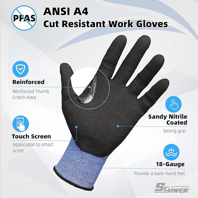Schwer 6 Pairs ANSI A4 Cut Resistant Work Gloves with Extreme Lightweight & Thin, Sandy Nitrile Touchscreen Safety Working Gloves with Grip, 3D-Comfort Fit, Flexible and Breathable, XL, AR3900