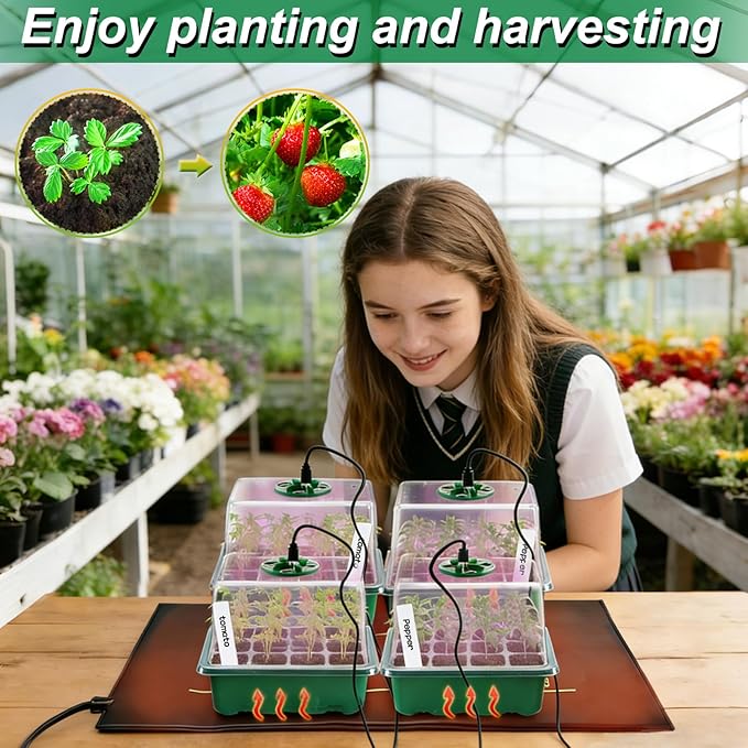 Seed Starter Tray with Grow Light & Heat Mat- 4 Pack 48 Cell Durable Easy Use Seed Starter Kit for Beginners, Thriving Seedling Germination Kit with Humidity Domes for Indoor Plant Growing Propagation