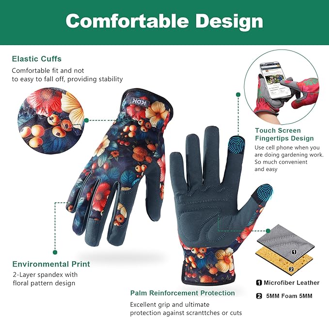 KDK Gardening Gloves for Women, Flexible Breathable Garden Gloves, Leather Working Gloves for Weeding, Digging and Pruning (Flowers and Berries, Small)