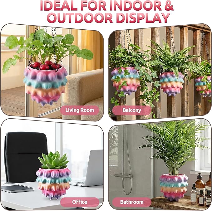 Enhon 7 Inch Hanging Planters for Indoor Plants, Unique Hanging Pots for Plants with Drainage and Hanger Baskets Hangers, Spiked Orb Plant Hanger, Silky Rainbow Finish