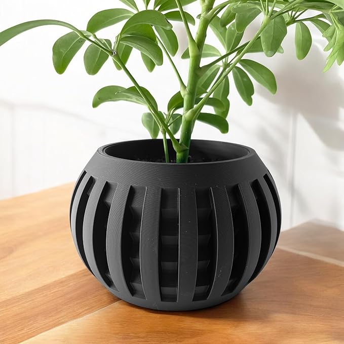 Grove Modern Planter – Black Plant Pot with Slat Design & Drainage, Contemporary Round Flower Vessel for Indoor Plants & Home Decor (Obsidian Black, Outer Dimensions: Compact 6" Width x 4" Height)