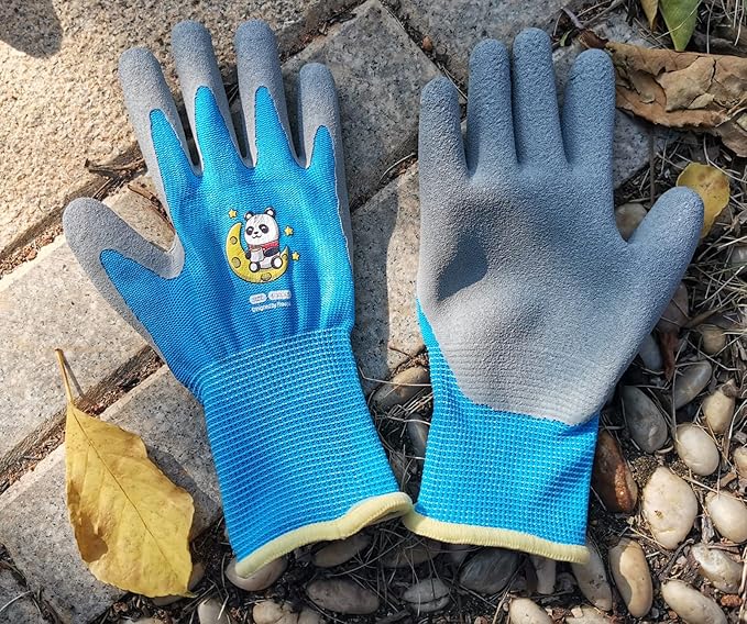 KDK Ages 5-7 Kids Gardening Gloves,Yard Work Gloves for Toddlers, Youth, Girls, Boys, Childrens, Soft Safety Rubber Gloves (XXS Age 5-7, 1 Pair Sky Blue Panda)