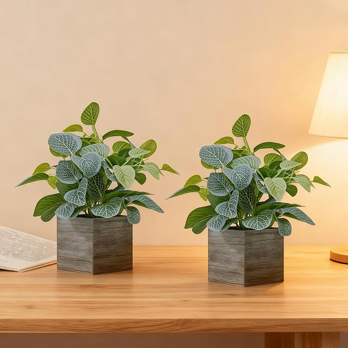 2 Pack 12" Medium Eucalyptus Fake Plants, Artificial Plants Indoor with 4 Inch Wooden Planters, Faux Potted Plants for Home Decor, Desk, Shelves, Desktop, Coffee Table, Bedroom