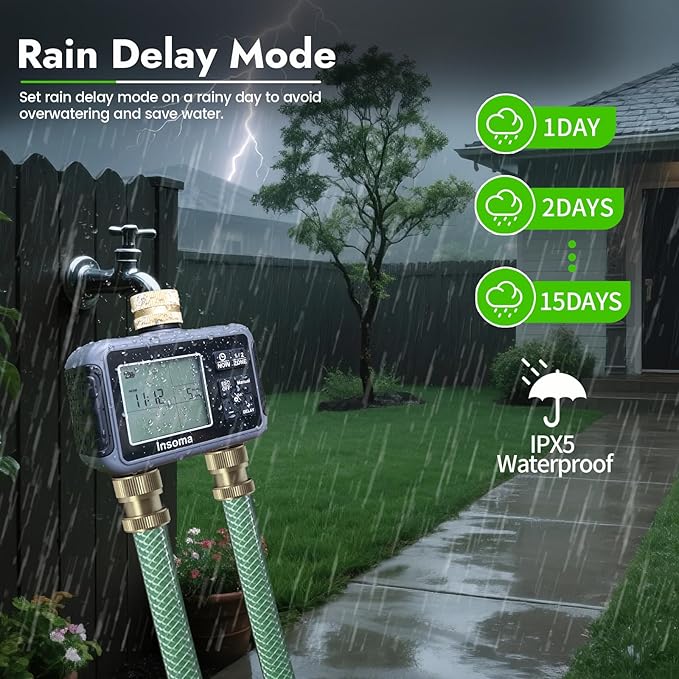 Insoma Water Timer with Brass Inlet & Outlet, 2 Independent Zones Outdoor Hose Timer for Garden Faucet with Auto/Manual/Rain Delay Mode, Sprinkler Irrigation Timers for Yard Lawn