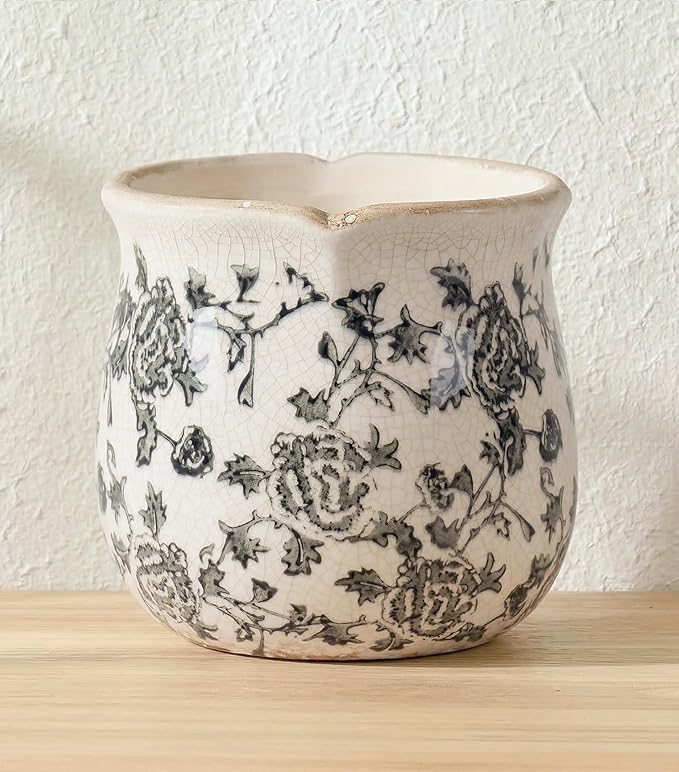 DREAMLOOM Vintage Ceramic Planter for Indoor Plants,6.1" Ice Crack Cottage Scroll Vase Tuscan Decor Flower Pots with Drainage Holes Home Kitchen Farmhouse Antique Decorative Gift (Grey-Corrugated)