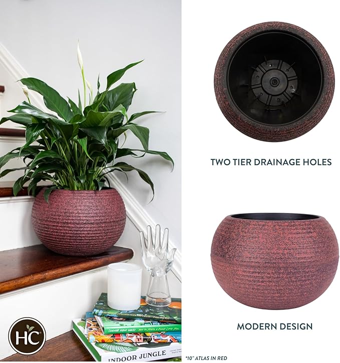 The HC Companies 8 Inch Atlas Sphere Planter - Lightweight Decorative Round Indoor Outdoor Plastic Plant Pot for Herbs and Flowers, Red