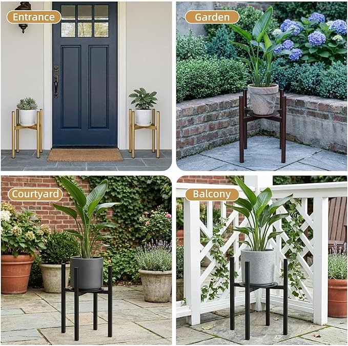 Adjustable Plant Stand Indoor Outdoor, Metal Plant Stand 9 to 15 Inches, Mid Century Modern Floor Flower Pots Stand, Plant Holder for Home Garden Decor Load Bearing 160 LB Black