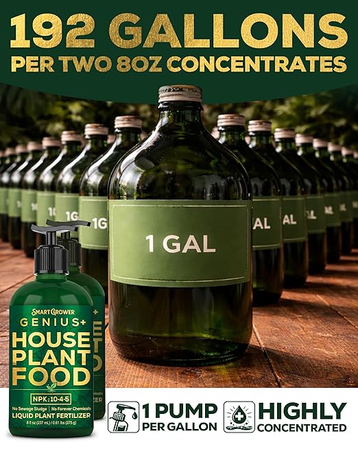Plant Food for Houseplants, Instant Indoor Plant Fertilizer for Healthier Plants, Clean & Safe for Indoor & Outdoor Use, USA Made - Smart Grower Genius+ Easy Squirt Pump 8oz- 2 Pack Makes 192 Gallons