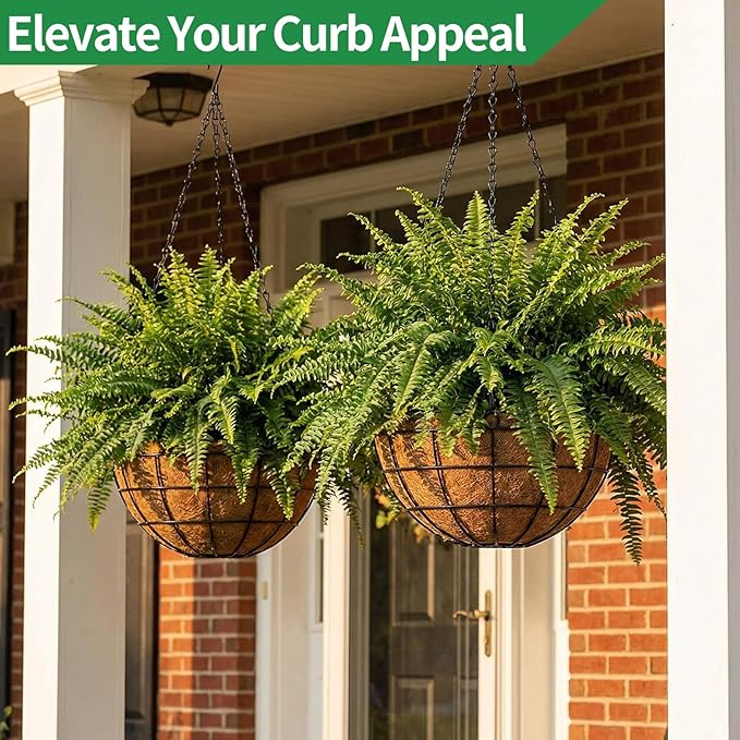 16 Inch Hanging Planters for Outdoor Plants,2 Pack Large Hanging Baskets for Plants Outdoor Metal Hanging Baskets with Thick Coco Coir Liners, Round Flower Pots for Porch Garden Ferns & Petunias