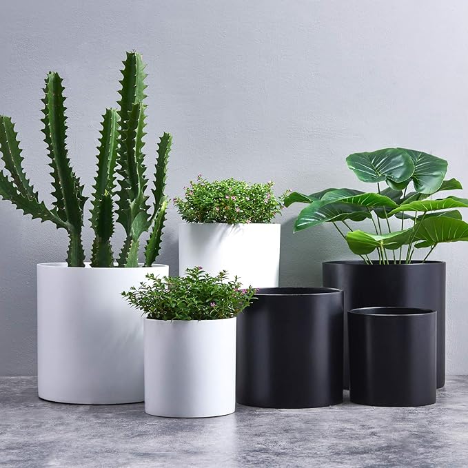 FaithLand 12 Inch Fiberstone Planter - Lightweight Modern Cylinder Plant Pot with Drainage Hole & Plug, Indoor Outdoor Use, Matte White