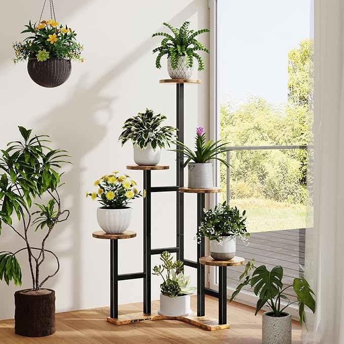 Yzosvki Corner Plant Stand Indoor, 6 Tiered Corner Plant Shelf Flower Stand for Multiple Plants, Plant Shelves Organizer Rack for Living Room, Balcony, Patio, Garden, Round Rustic Brown