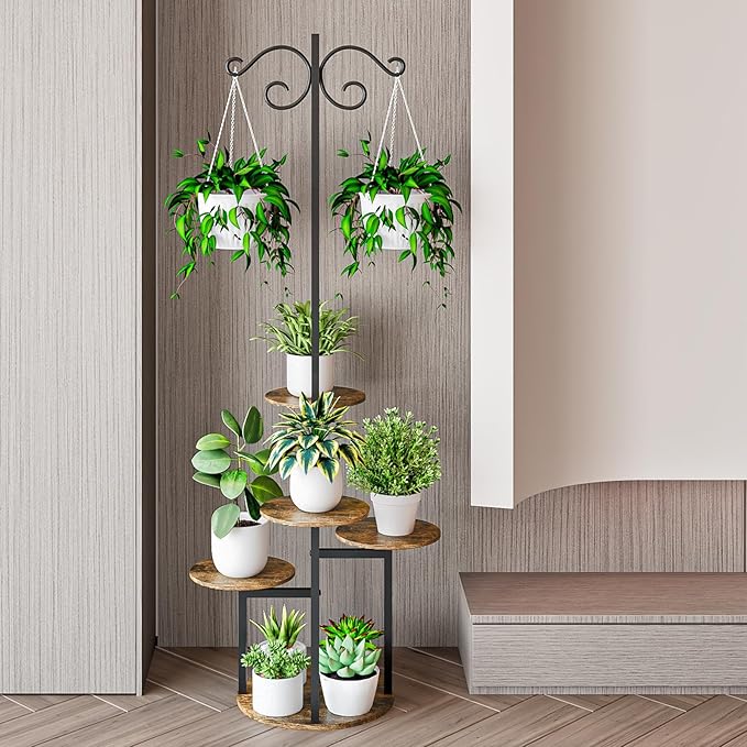 INGIORDAR Plant Stand Indoor Outdoor Corner Flower Stands Multiple Flower Pot Holder for Patio Garden Balcony Living Room 5 Tier with hook Black+Rustic Brown