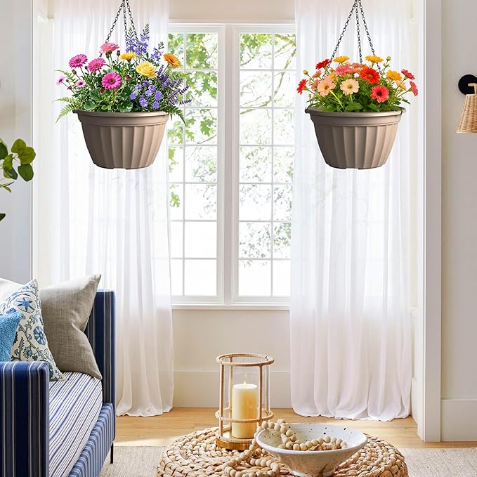 FGstyle 6 Pack Hanging Planters 8 Inch, Self Watering Pots for Indoor Plants, Plastic Hanging Basket with Soil Elevator and 20" Chain for Home Garden Porch Balcony Patio Decor (Beige)