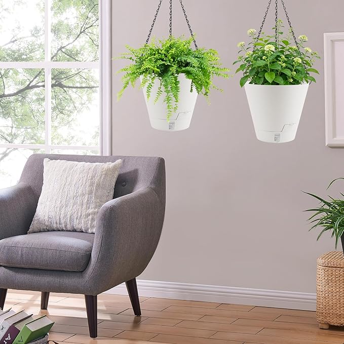 8 Inch Hanging Planters Indoor Outdoor, 3 Pack Plastic Self Watering Plant Pots with Drainage Holes & Saucers, Hanging Baskets Flower Pots with Chain for Ivy, Spider Plant, Pothos, Ferns