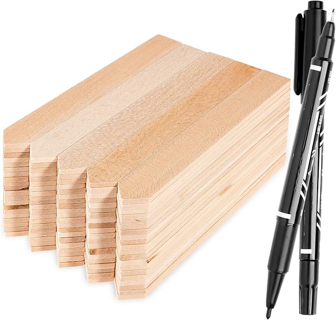 Whaline 100Pcs Wooden Plant Labels Pointed Wooden Garden Markers Waterproof Plant Sign Tags Decorative Garden Tags for Seed Potted Herbs Flowers Vegetables with 2 Marker Pen, 6 x 0.8 Inch