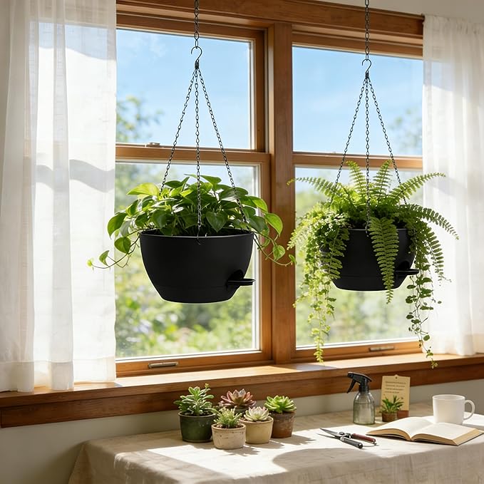 UOUZ 13 Inch 2 Pack Large Self Watering Hanging Planters for Indoor Outdoor Plants, Hanging Plant Pots with Removable 50 Oz Reservoir, Plastic Hanging Basket for Window Porch Garden Balcony, Black