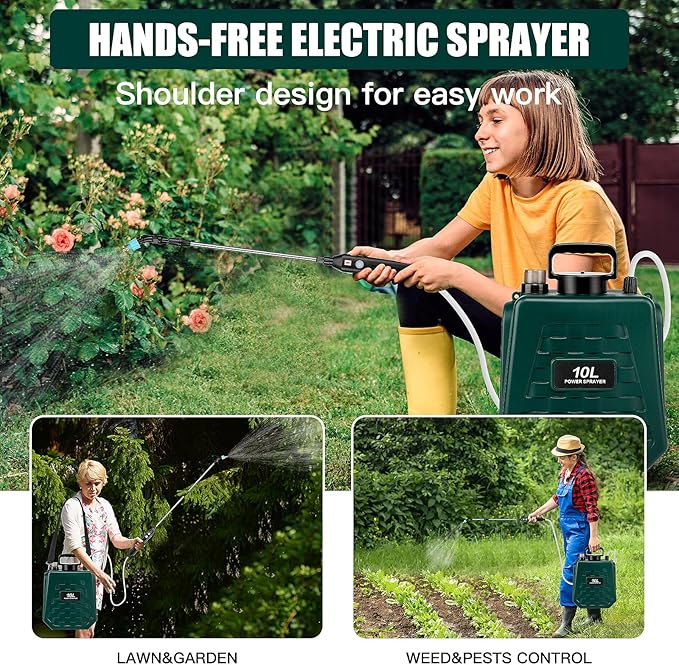 2.6 Gallon Battery Powered Garden Sprayer, Electric Sprayer Weed Yard Lawn Sprayers with 3 Mist Nozzles, USB Rechargeable Handle & Retractable Wand & Adjustable Strap (Green)