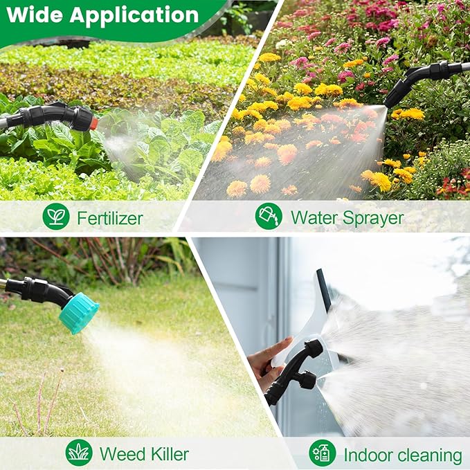 Battery Powered Sprayer 1.35 Gallon, 2026 Electric Garden Sprayer with 3 Adjustable Speeds, 4 Mist Nozzles, Rechargeable Handle, Retractable Wand with Adjustable Shoulder Strap for Weed Lawn(Green)