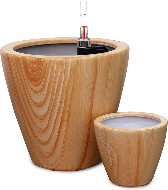 Set of 2, Smart Self-Watering Planters for Indoor and Outdoor - Round, Imitation Pine