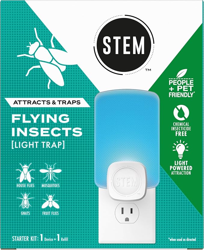 STEM Flying Insect Trap - Indoor Fruit Fly & Gnat Catcher for Home, Kitchen & Any Room, Attracts & Traps Bugs, Soft Blue UV Light - Includes 1 Plug-In Device & 1 Cartridge