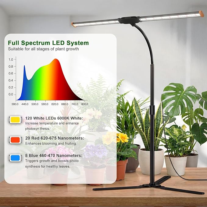 Grow Lights for Plants Growing,6000K White Full Spectrum Plant Lamp with Red Blue LED for Pot Succulents Seeds, Light Strip Foldable & Height Extendable 9-25'', Auto Timer 4 8 12Hrs