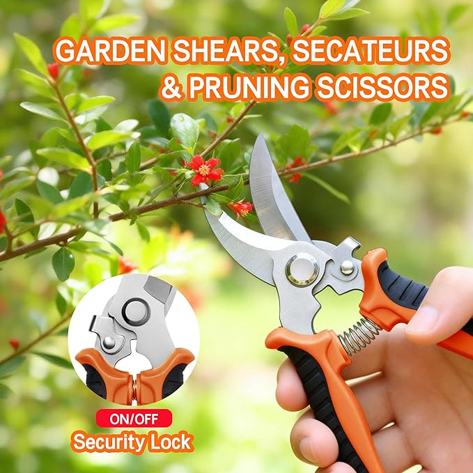 3PCS Garden Pruning Shears Set - Heavy Duty Bypass Pruners, Sharp Stainless Steel Gardening Scissors with Ergonomic Handle, Secateurs for Plants, Flowers, Fruit Trees, Bush Trimming (Orange)