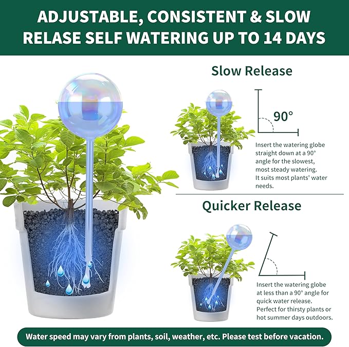 Soilagua 13 oz Up 2 Weeks Extra Large Plant Watering Globes, Iridescent Rainbow Glass Water Bulbs, Self Watering Planter Insert, Vacation Plant Watering Devices System, Automatic Plant Waterer, 2 Pack