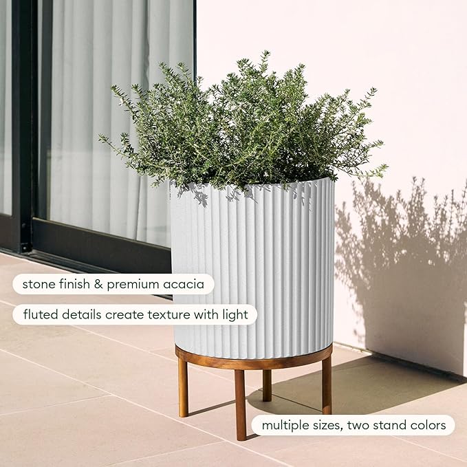 Veradek Demi Series Round Planter w/Stand for Porch/Patio | Durable Plastic-Stone Composite & Wooden Stand | Modern Décor for Tall Plants, Flowers