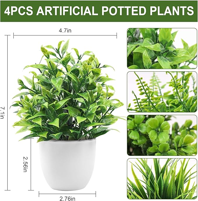 Der Rose 4 Pack Fake Plants Small Artificial Faux Potted Plants for Living Room Home Office Farmhouse Bathroom Kitchen Decor Indoor
