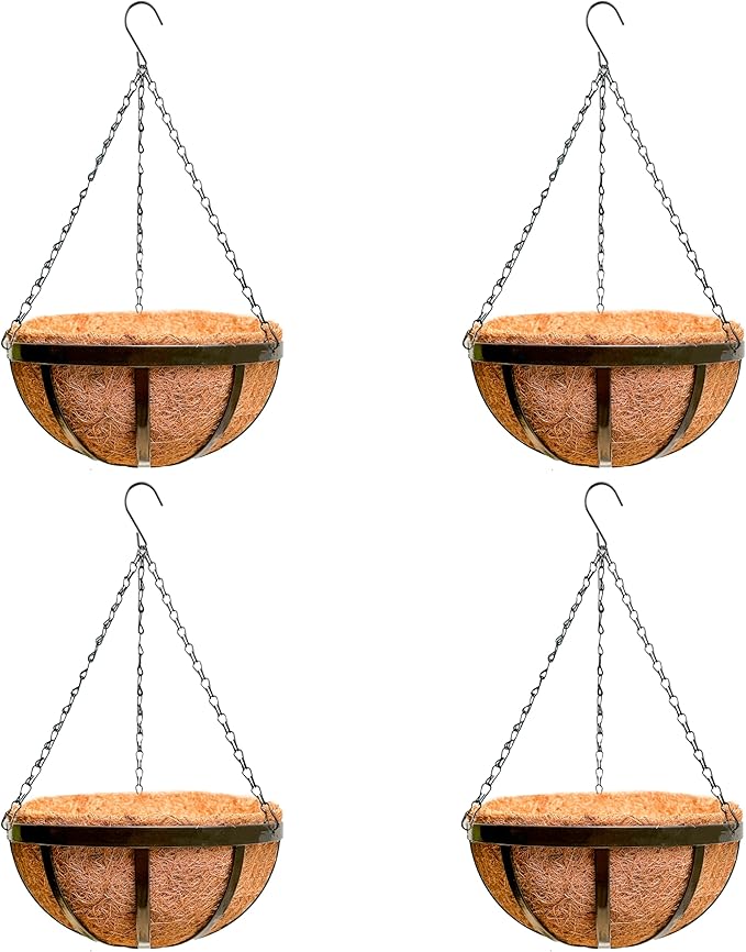 LaLaGreen Outdoor Hanging Baskets for Plants (14 Inch, 4 Pack) Large Hanging Planter with Coco Liner, Round Plant Flat Iron Metal Flower Pots for Deck Patio Porch Garden Balcony Outside Decoration
