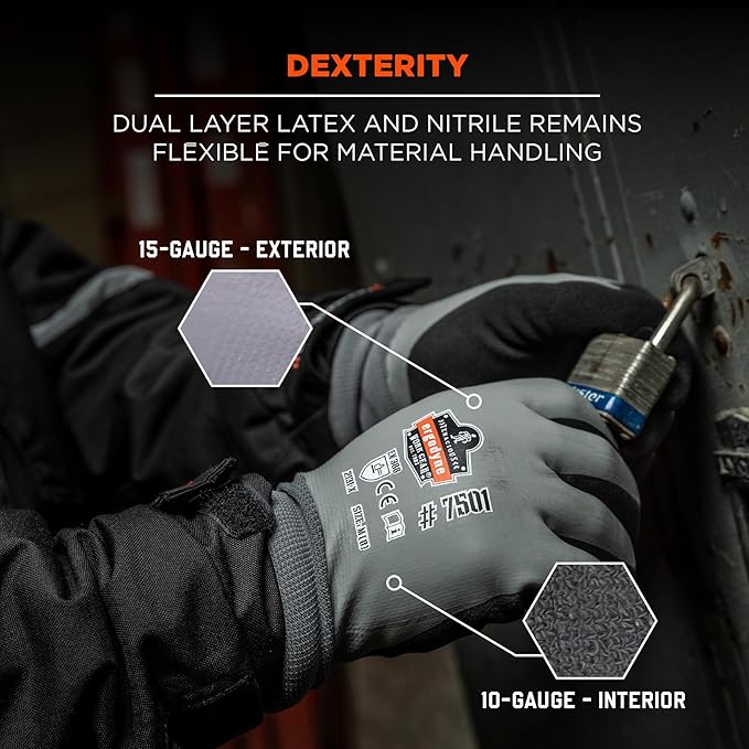 Ergodyne ProFlex 7501 Coated Waterproof Winter Work Gloves, Sandy Nitrile Coated Palms, Thermal Fleece Lining, Gray, Small (1 Pair)