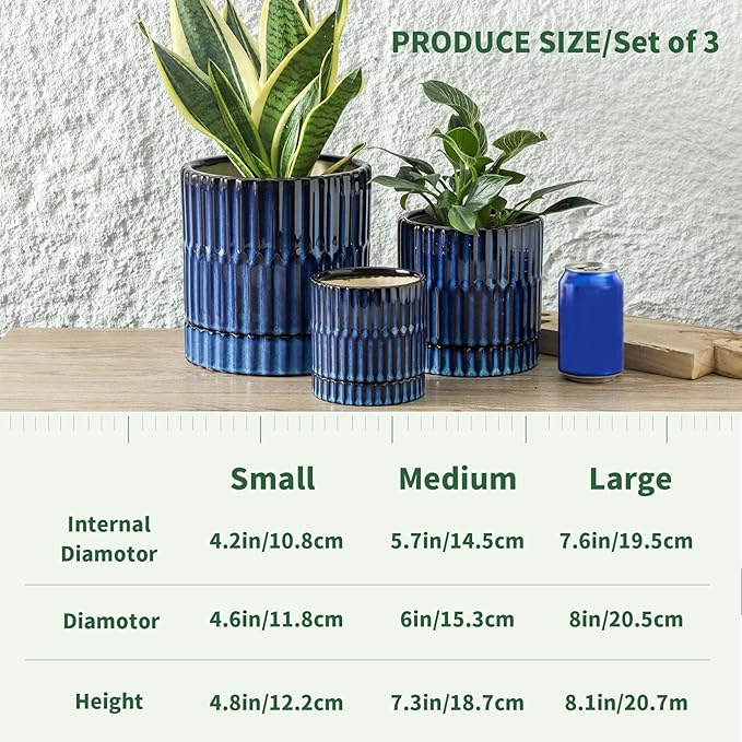 HASENSE Ceramic Plant Pots Set of 3 (8+6+4.6 Inch), Flower Planters with Drainage Hole and Saucer, Indoor Planter Pots for Succulents, Herbs, Ideal for Home Office Desktop Garden Decor(Blue)