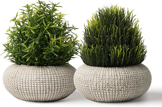 2 Pack Small Fake Plants in Cement Planter for Bathroom Decor, 6.1/5.7 Inch Artificial Plants Indoor, Small Faux Plants Indoor for Home Room Bedroom Farmhouse Kitchen Office Decor - Rosemary