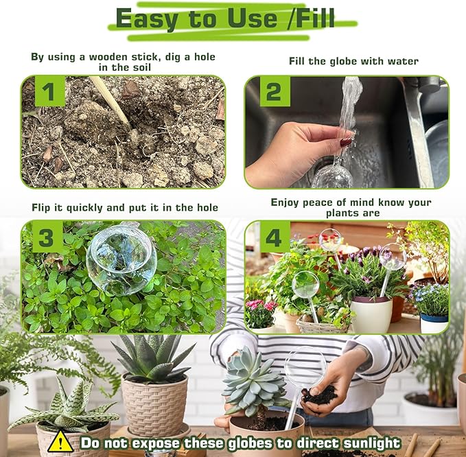 Self Watering Globes, Glass Clear Plant Watering Globes, Self Watering Planter Insert for Indoor & Outdoor Potted, Self Watering Planter Insert Spikes Devices for Everyday or Vacation Use, 4 Pack