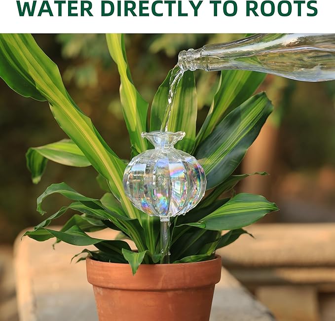 Soilagua 10 oz Large Top Fill Cactus Plant Self Watering Globes, Light Iridescent Glass Water Bulbs, Slow Release Watering Devices System Indoor | Outdoor Everyday Use, Water Spikes Stakes, 2 Pack