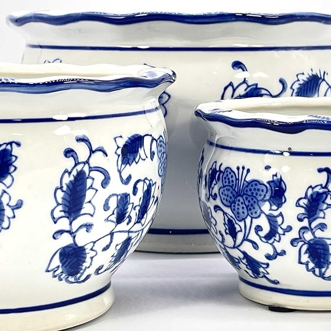 Galt International Blue & White Floral Porcelain Ceramic Decorative Compact Flower Pot 8"/6"/4.5" Diameter Garden Pots Chinese Asian Design - Set of 3 Round Pots