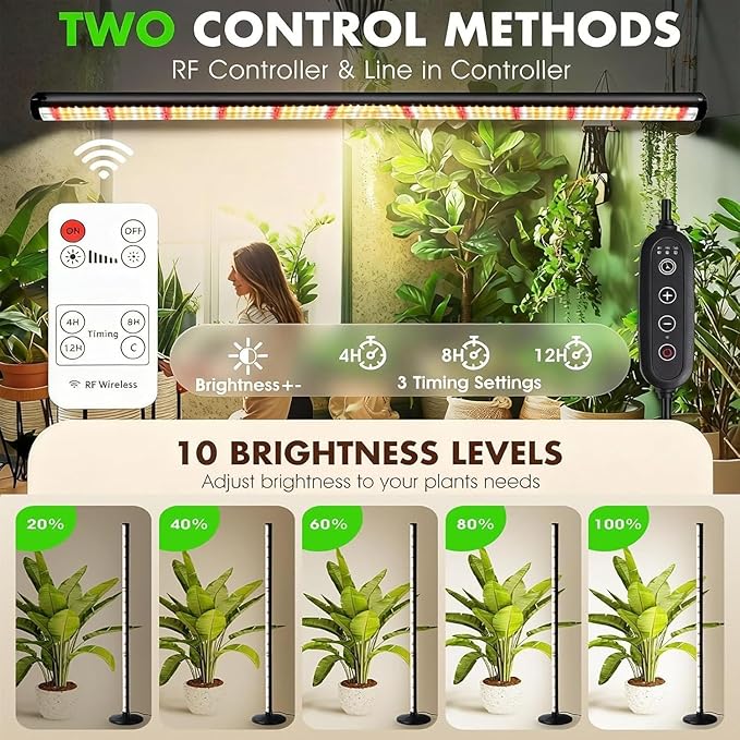 2 Pack LED Grow Lights for Indoor Plants Full Spectrum, 48W 65 Inch Plant Lights for Seed Starting with Timer and 10 Level Dimmable Standing Plant Growing Lamp for Greenhouse with Hanging Accessories