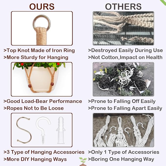 petonfun Macrame Plant Hanger Indoor Set,Hanging Planters for Indoor Plants Outdoor,Hanging Plant Holder Basket Pot with 8 Hooks,Boho Home Decor Crochet Beads Window Ceiling,No Tassels 4 Pack,Brown