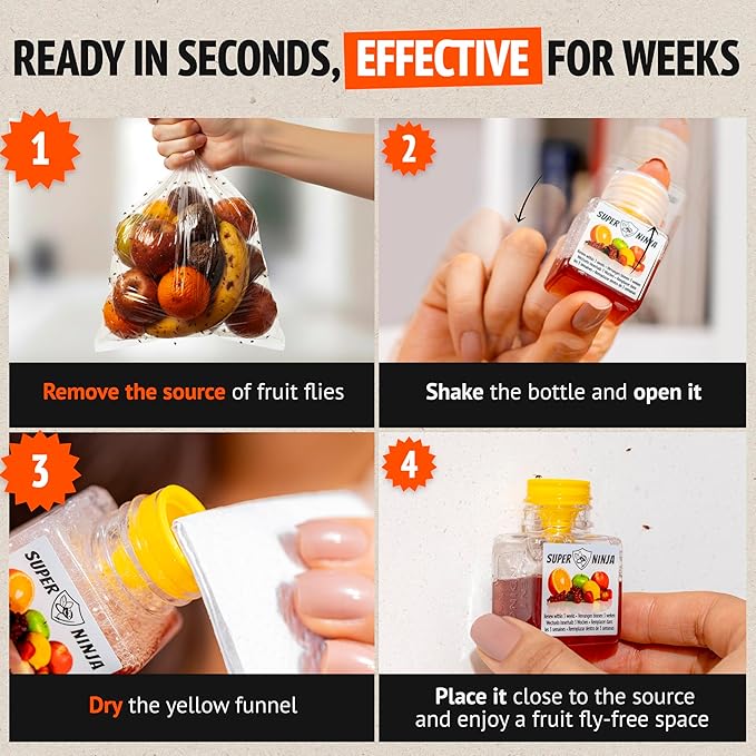 Super Ninja Fruit Fly Traps for Indoors - 1 Pack, Highly Effective Fruit Fly Catcher for Indoor Use for Home & Kitchen, Up to 3 Weeks of Performance per Bottle, Kid & Pet Friendly
